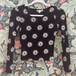 90s 1990s Vintage Daisy Long sleeve black stretchy crop top
